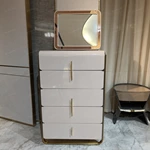 High-Gloss Cream Tall Sideboard Cabinet with Five Rounded Drawers Gold-Tone Stainless Steel Frame and Ribbed Side Panels